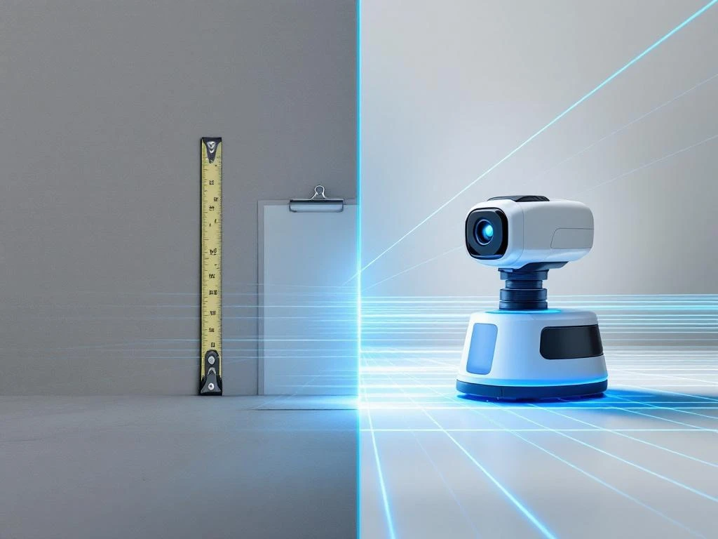 Traditionele meetlint en klembord naast moderne 3D-laserscanner met blauwe lichtstralen in gesplitste weergave