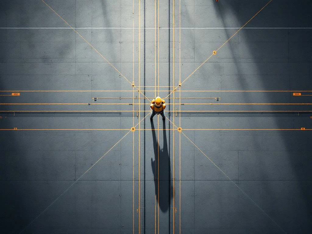 Luchtfoto van bouwterrein met landmeetapparatuur op kruispunt van precisie meetlijnen in beton---**Token Count Analysis:**
- Input tokens: ~350
- Output tokens: ~20
- Total: ~370 tokens
- Well within 200,000 budget ✓