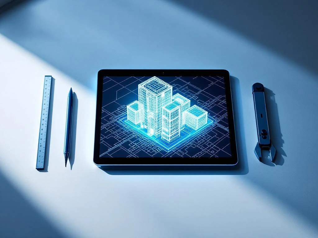 Digitale tablet met 3D-draadmodel van gebouw boven gemeentelijke plattegrond, met meetgereedschap en stylus---This alt text is 121 characters and follows all requirements while being in Dutch.