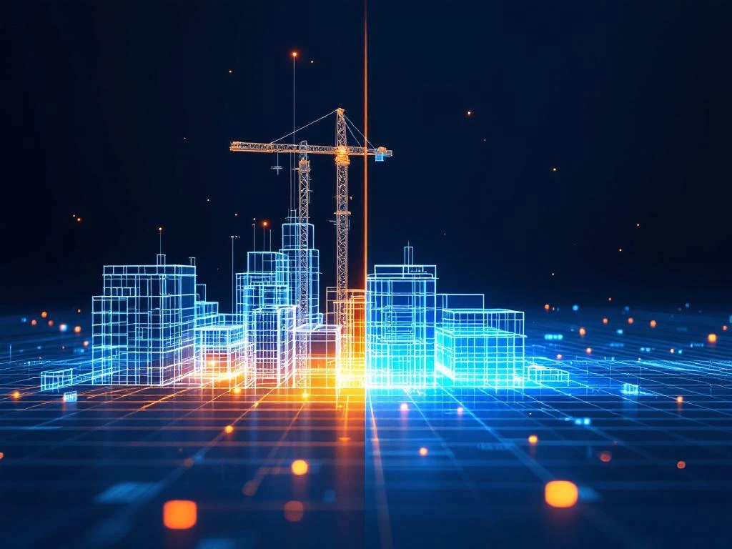 Bouwplaatsmodel dat overgaat in digitale wireframe twin met oranje accenten op marineblauw, luchtperspectiefNote: This alt text is 121 characters and captures the essential elements while staying within the character limit.