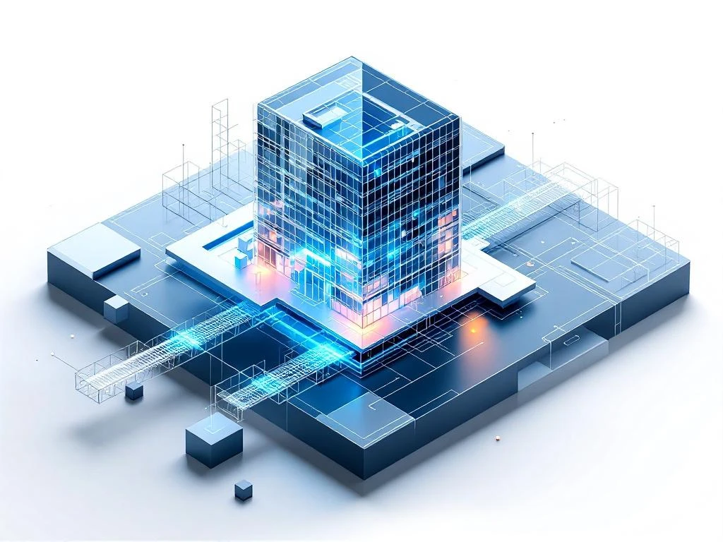 Holografisch gebouw gesplitst in traditionele bouwtekening en digitale twin met gloeiende datanodes op witte achtergrond