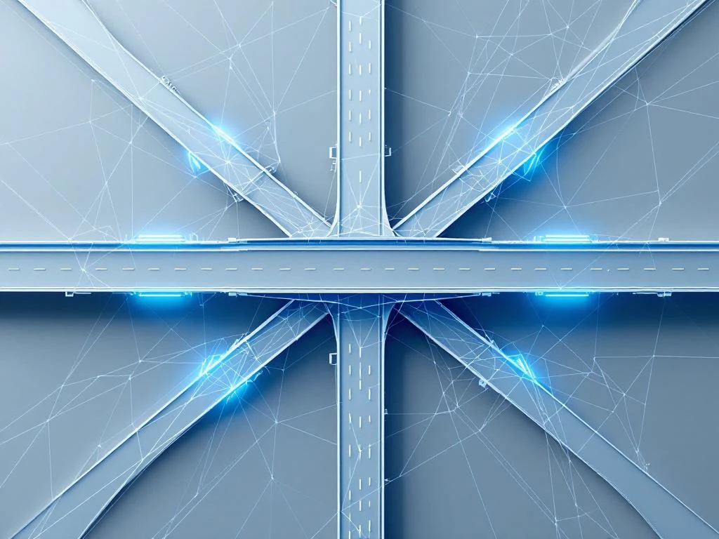 Moderne snelwegkruising met cyaan geometrische wireframe overlay en witte betonnen infrastructuur in luchtfoto