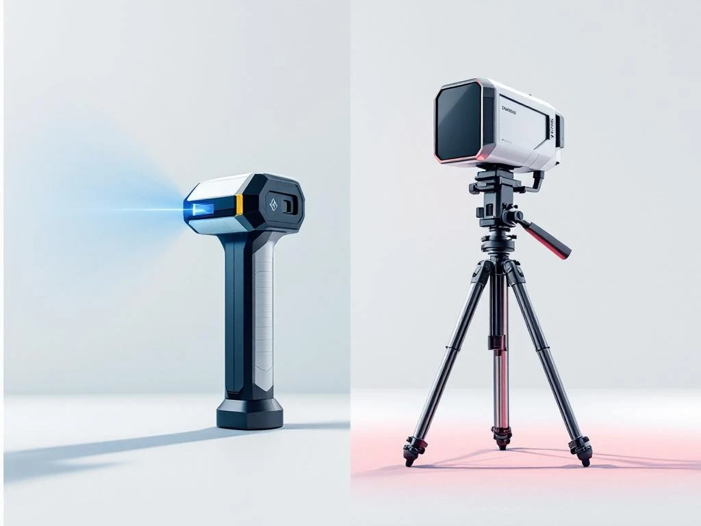 Twee 3D laserscanners op witte achtergrond: handscanner met blauwe laser links, statief-scanner met rode laser rechts