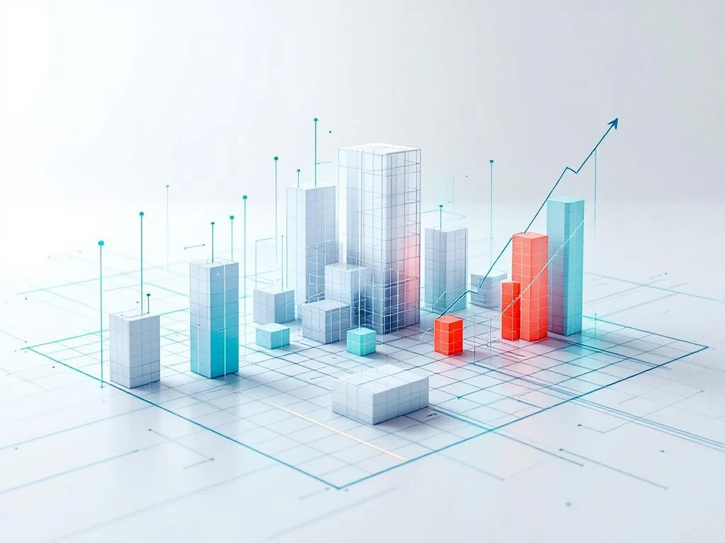 Wit 3D gebouw wireframe model met blauwe rasterlijnen en kostenreductie grafiek op grijze achtergrond