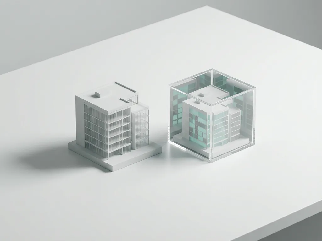 Architecturaal schaalmodel naast transparante acrylkubus met miniatuurgebouw op witte bureau, minimalistisch ontwerp