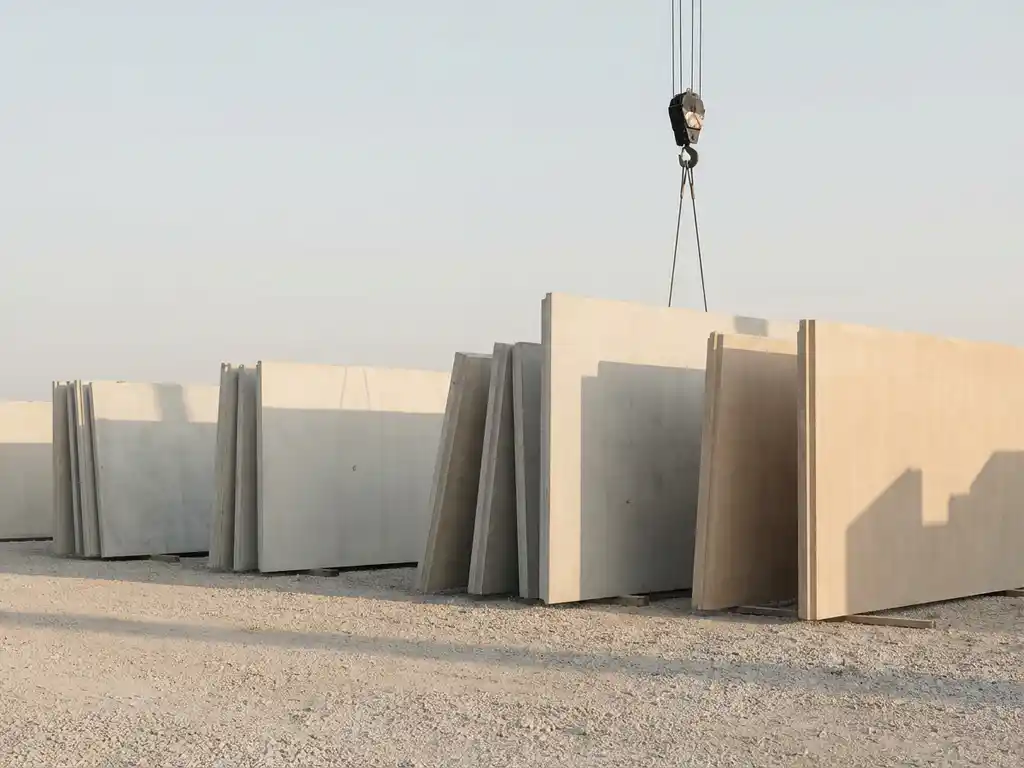 Stapel prefab betonnen wandpanelen op bouwplaats met kraanhaak, geometrische schaduwen in ochtendlicht