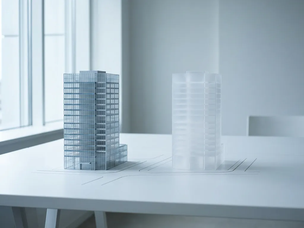 Architectonisch schaalmodel van glazen kantoorgebouw naast acryl replica op wit bureau in minimalistisch daglicht