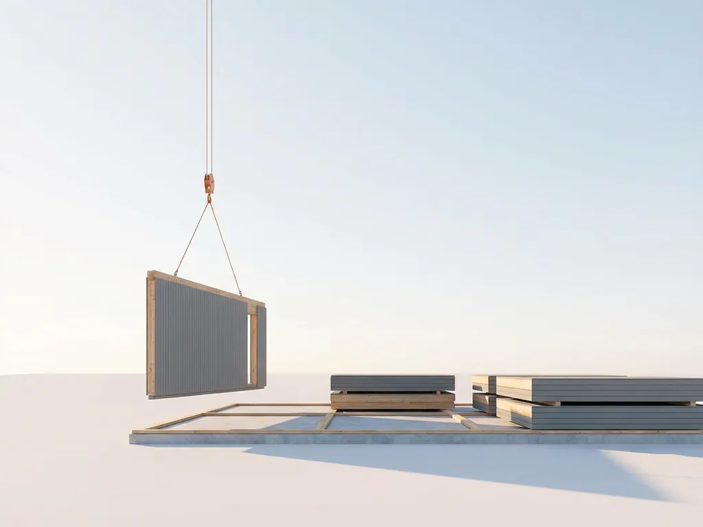Geprefabriceerde wandmodule wordt door kraan op bouwfundament geplaatst, modulaire componenten op achtergrond in ochtendlicht
