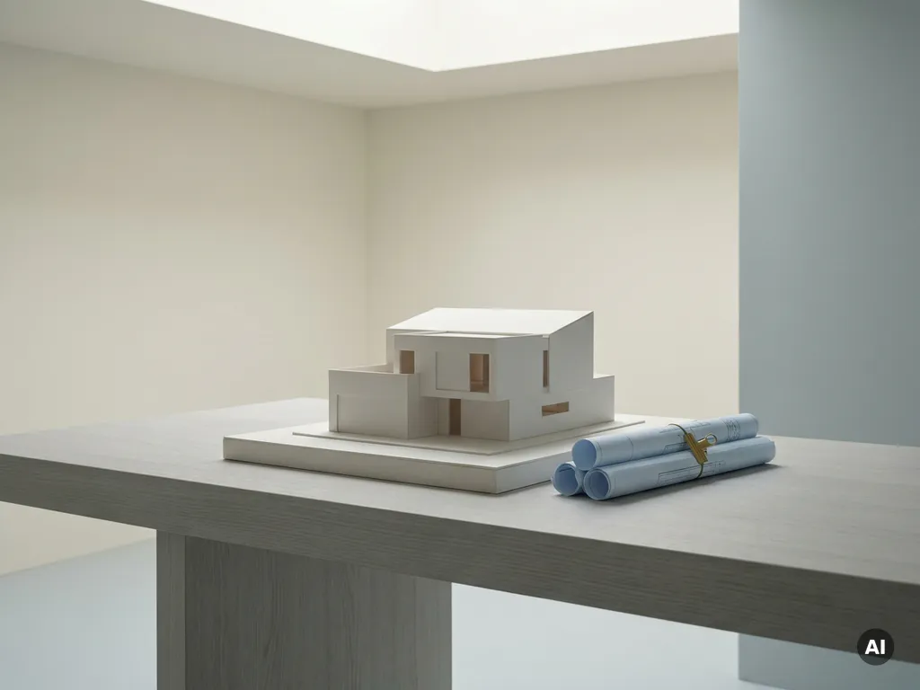 Wit architectonisch schaalmodel op minimalistische bureau naast opgerolde technische tekeningen met messing klem, zachte verlichting