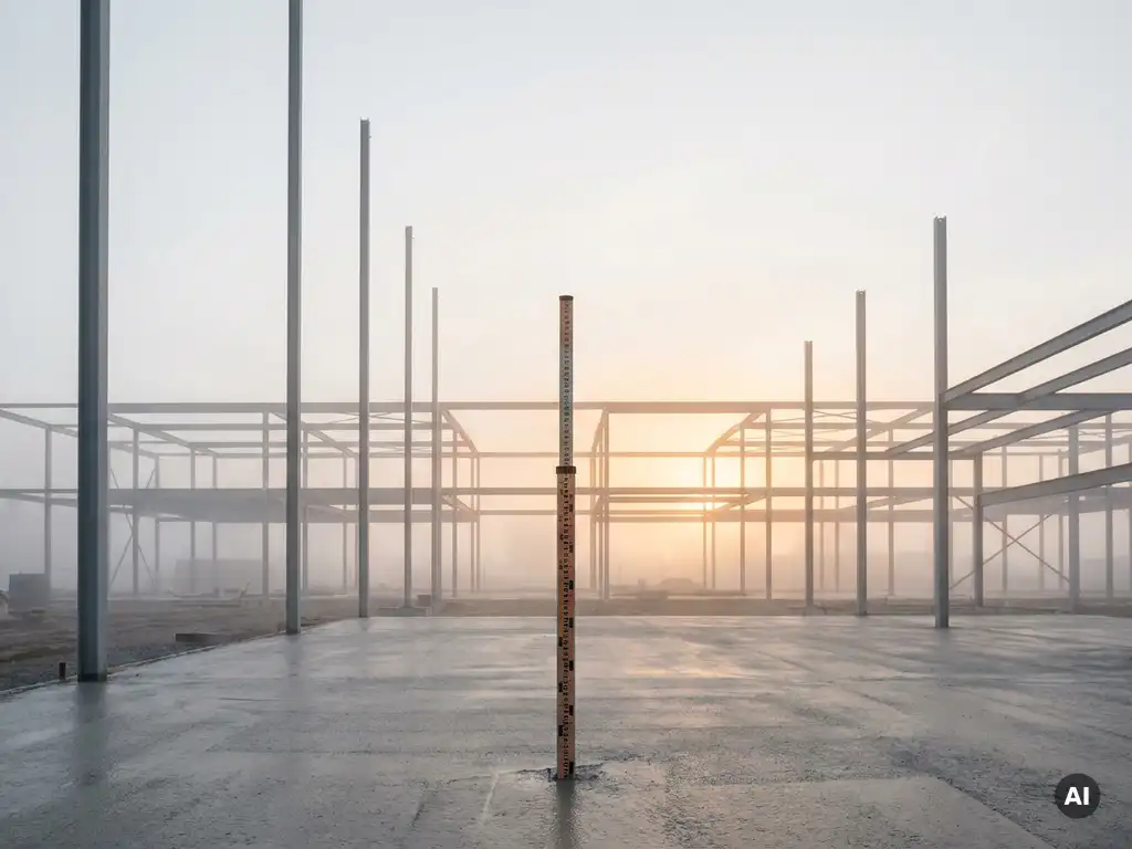 Landmeetkundige precisiestaaf in vers beton op bouwplaats, stalen constructie in ochtenddauw met amberkleurige zonsopgang.
