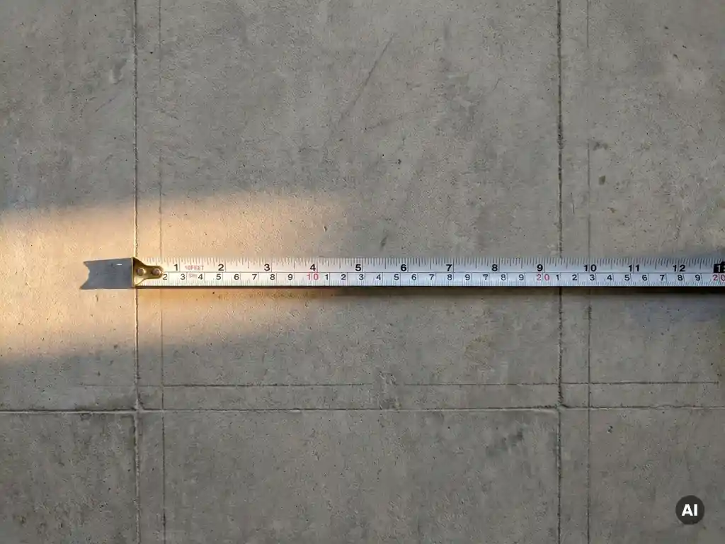 Meetlint met messing haak uitgestrekt over ruw betonoppervlak, geometrische rasterlijnen op prefab panelen op de achtergrond.