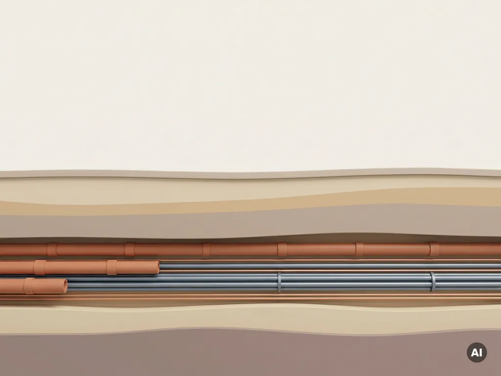 Dwarsdoorsnede van aardlagen met geordende nutsleidingen in terracotta, staalgrijs en koper, geometrische buizen parallel onder het grondoppervlak.