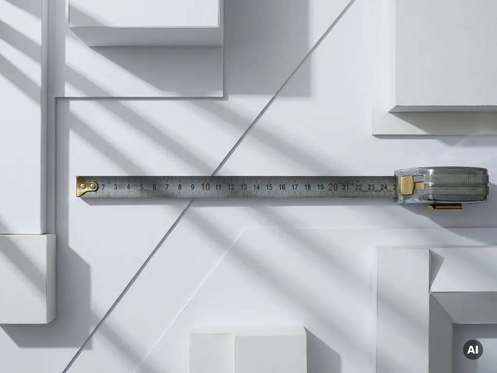 Stalen meetlint gespannen over wit architecturaal schaalmodel van een fundering, diagonale schaduwlijnen, minimalistische compositie in grijs, messing en wit.