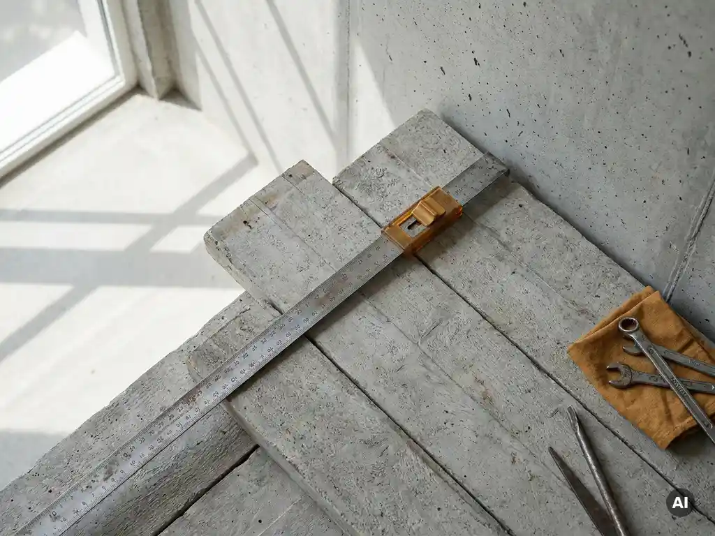 Stalen meetlint gespannen over ruw betonnen bekistingswerk, geometrische schaduwen op grijze onafgewerkte muren.