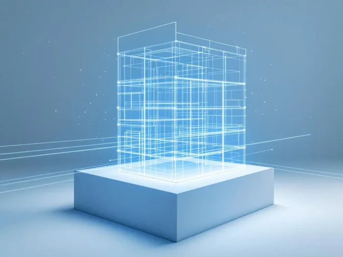 Draadmodel van gebouw met blauwe laserlijnen voor digitale vastgoedmeting en architecturale 3D-scan