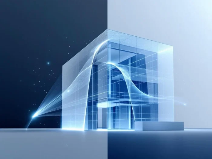 Moderne gebouwgevel met 3D-wireframe overlay en laserscan puntenwolk voor digitale constructierenovatie