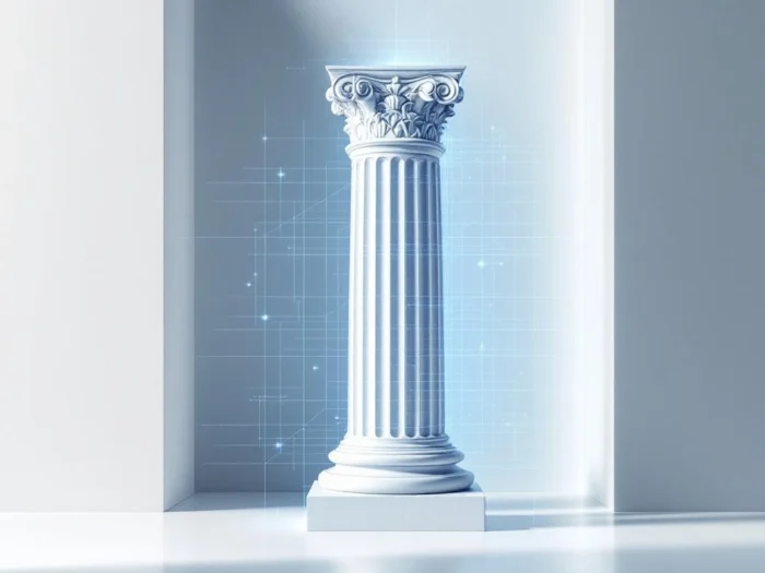 Klassieke witte zuil met blauwe 3D-scanlijnen en draadframe-overlays voor digitale erfgoedpreservatie