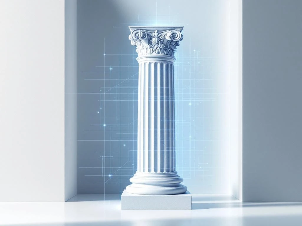 Klassieke witte zuil met blauwe 3D-scanlijnen en draadframe-overlays voor digitale erfgoedpreservatie