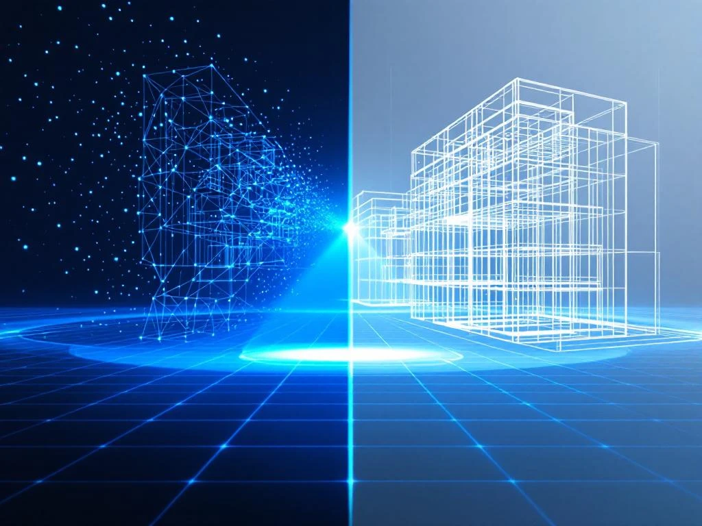 3D laserscanner projecteert blauwe lichtstralen die transformeren naar witte BIM-gebouwmodellen met pointcloud dataLet me reconsider this to ensure it's under 125 characters while maintaining the key information:3D laserscanner met blauwe lichtstralen creëert witte BIM-gebouwmodellen en pointcloud visualisatie