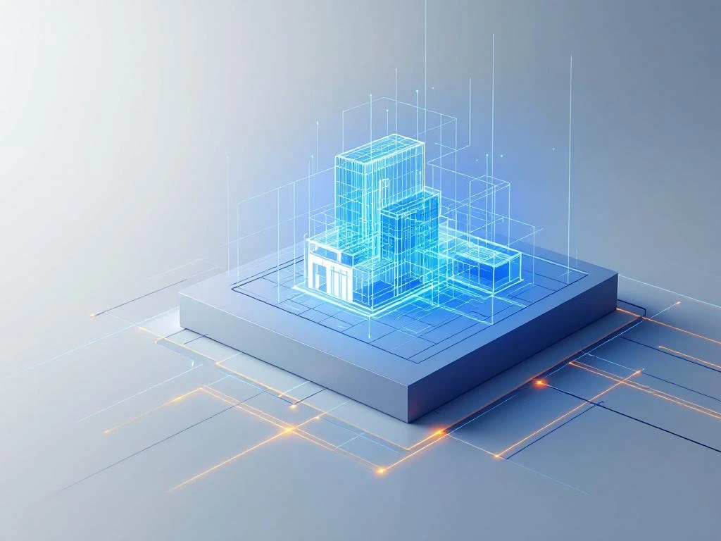3D laserscanner projecteert blauwe lichtstralen op bouwplattegrond met geometrische wireframe structuur