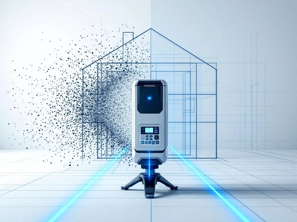 3D laserscanner meet blauwe laserstralen scant gebouw van puntenwolk naar blauwdruk op witte achtergrond