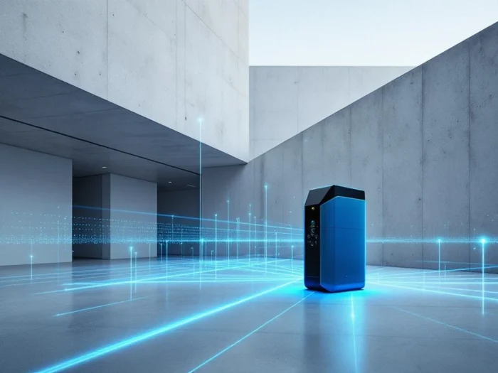 3D laserscanner meet puntenwolk en blauwe scanlijnen op moderne gebouwgevel met geometrische architectuur