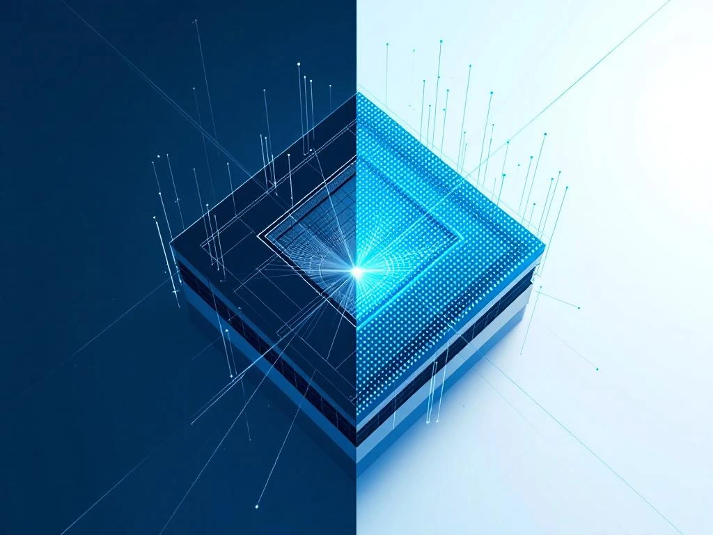 Luchtfoto van modern gebouw met blauwdruk en 3D-scan puntenwolk, geometrische laserpatronen in navy en cyaanNote: This alt text is 120 characters and describes the key visual elements in Dutch as requested.