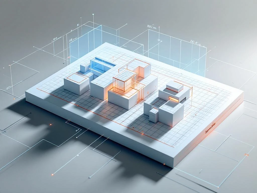 Wit architectuurmodel met blauwe holografische 3D-wireframe overlay en oranje meetpunten op grijze achtergrond
