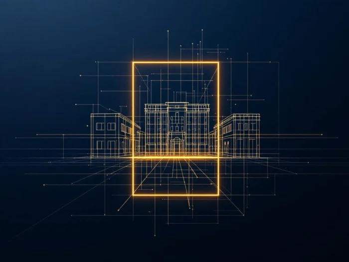 Architectonische blauwdruk met geometrische vormen, gouden kadastrale lijn en wireframe gebouwen op navy-wit verloop