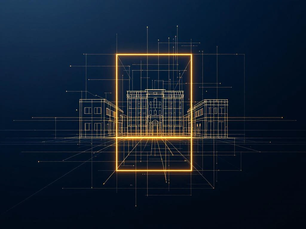 Architectonische blauwdruk met geometrische vormen, gouden kadastrale lijn en wireframe gebouwen op navy-wit verloop