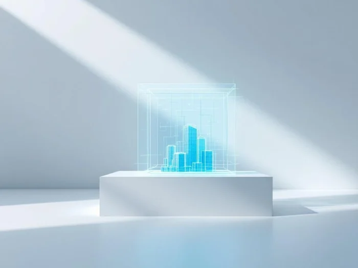 Transparante glazen kubus met blauw 3D-gebouwhologram, geometrische vormen en lichtstralen op witte achtergrond