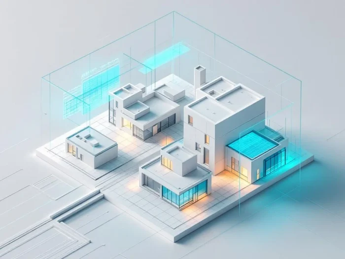 Architectuurmodel met moderne woongebouwen en holografische 3D-data overlay in cyaanblauw van bovenaf gezienNote: This alt text is 121 characters and captures the essential elements while remaining accessible and SEO-friendly in Dutch.
