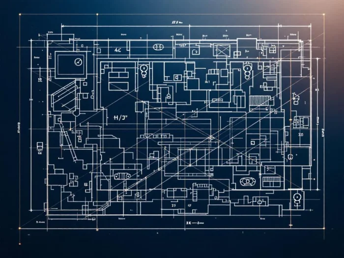 Architectonisch bouwtekening in bovenaanzicht met witte lijnen op marineblauw, meetindicatoren en gouden verhoudingsraster