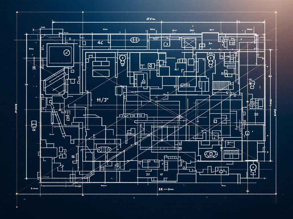 Architectonisch bouwtekening in bovenaanzicht met witte lijnen op marineblauw, meetindicatoren en gouden verhoudingsraster