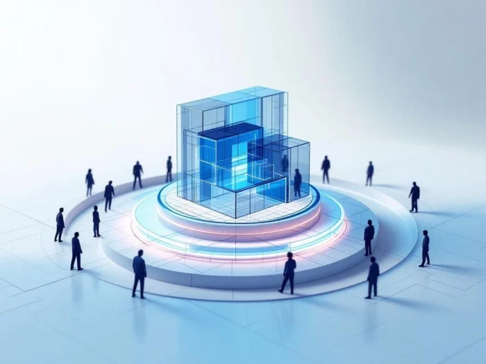Transparant 3D architectuurmodel met geometrische lijnen naar menselijke silhouetten, omringd door cirkelvormige ringen.
