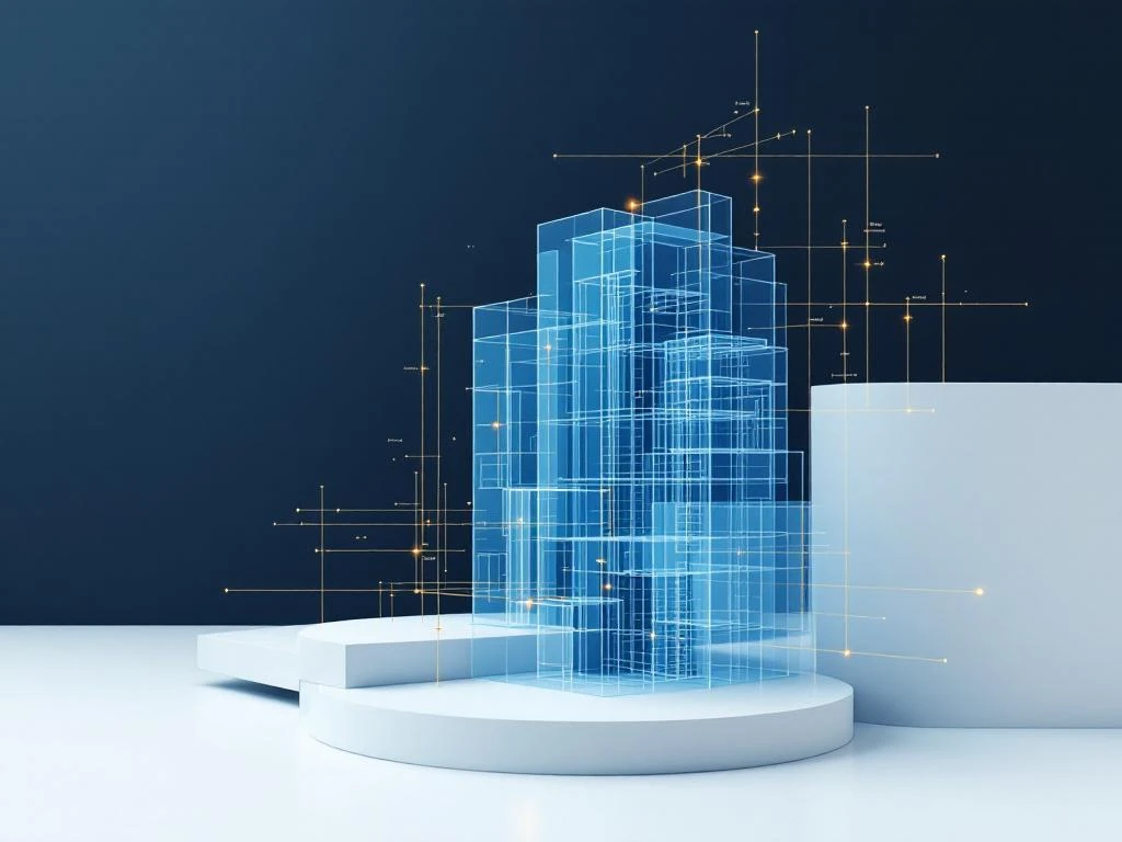 3D bouwkundig draadmodel in blauw met meetlijnen, geometrische vlakken en gouden accenten op gradiënt achtergrond