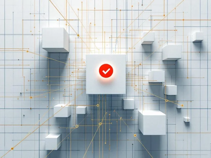 Bouwblauwdruk met geometrische blokken, gouden meetlijnen en rood vinkje voor kwaliteitscontrole, bovenaanzicht