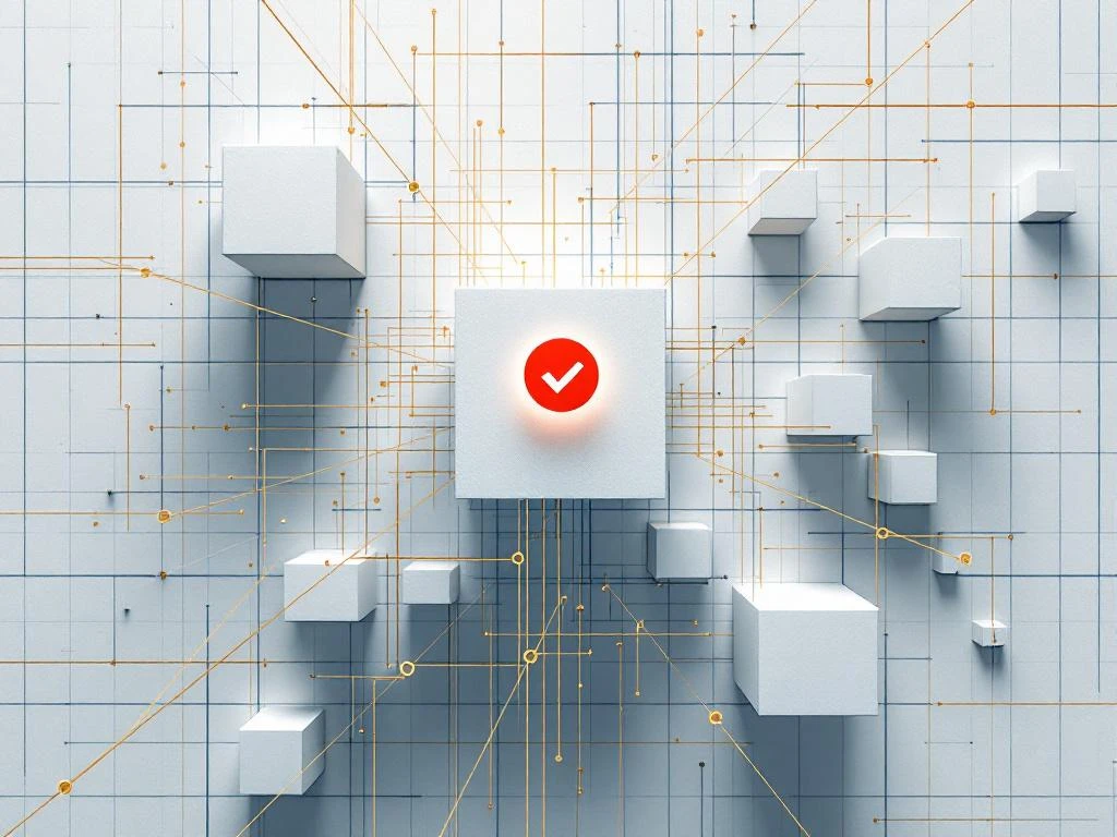 Bouwblauwdruk met geometrische blokken, gouden meetlijnen en rood vinkje voor kwaliteitscontrole, bovenaanzicht