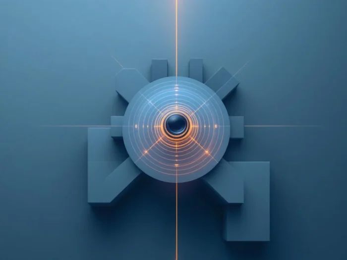 Luchtfoto bouwplaats met centrale 360-graden camera, geometrische vormen in blauw en grijs met oranje communicatielijnenNote: This alt text is 122 characters and describes the key elements while maintaining SEO value and accessibility in Dutch.