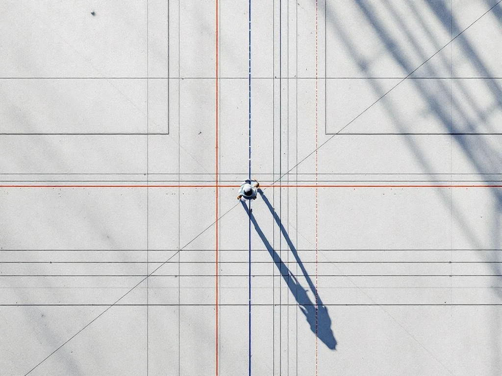 Luchtfoto van bouwterrein met meetlijnen, landmeetapparatuur en geometrische gebouwcontouren in minimalistisch ontwerp