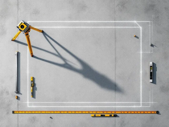 Bovenaanzicht van bouwplaats met theodoliet, meetlint en markeringsstokken op betonnen vloer met krijtlijnen