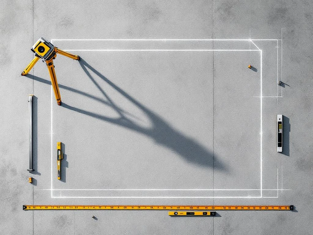 Bovenaanzicht van bouwplaats met theodoliet, meetlint en markeringsstokken op betonnen vloer met krijtlijnen