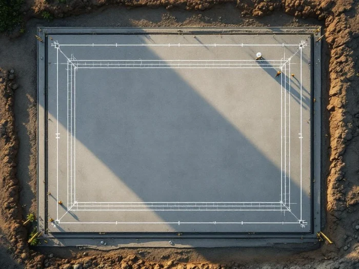 Luchtfoto van bouwplaats met geometrische fundering, witte meetlijnen en landmeetapparatuur op betonnen ondergrond