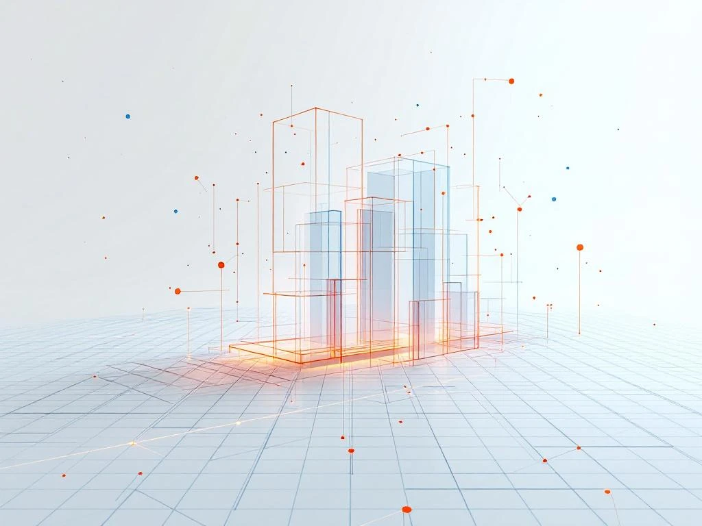 Doorschijnend 3D-gebouwmodel met geometrische scandata en rasterlijnen in minimalistische witte ruimte met dramatische belichting