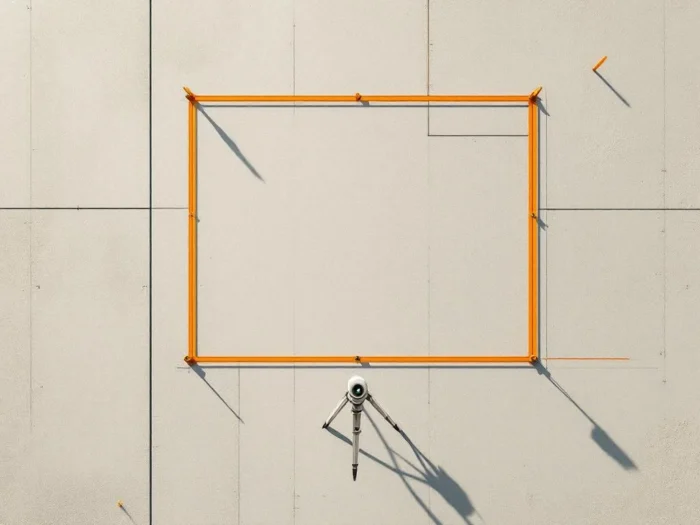 Luchtfoto van bouwterrein met theodoliet, oranje meetlijnen en markeringspalen op vlakke grond