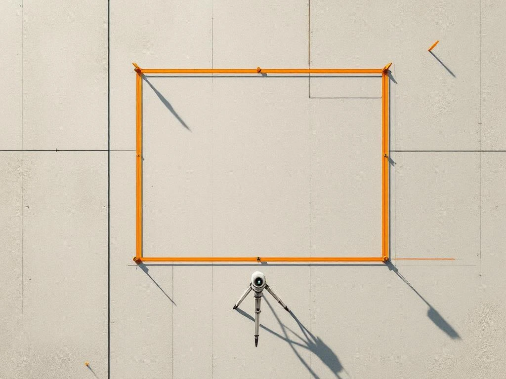 Luchtfoto van bouwterrein met theodoliet, oranje meetlijnen en markeringspalen op vlakke grond