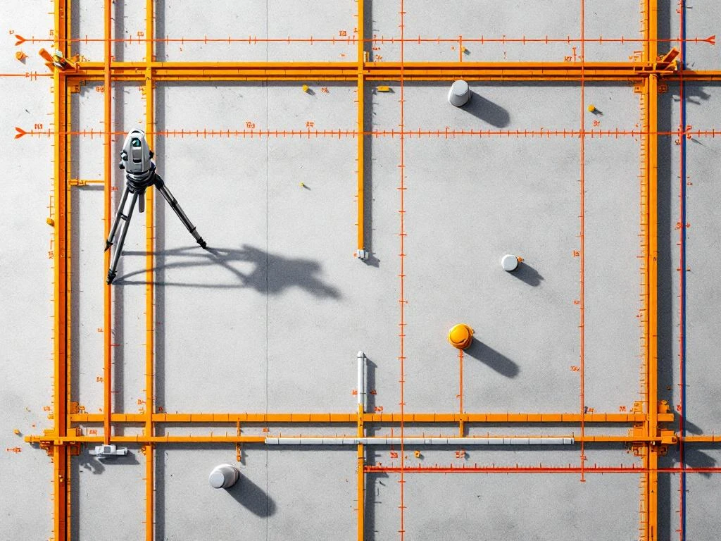 Bovenaanzicht van bouwterrein met theodoliet, witte meetstaken en oranje meetlijnen in geometrisch rasterpatroon