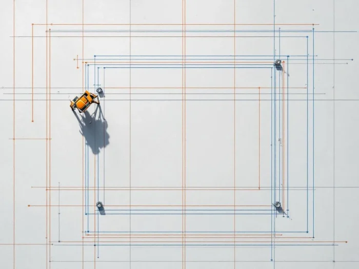 Luchtfoto van bouwterrein met meetapparatuur, geometrische lijnen en landmeetinstrumenten voor nauwkeurige uitzetting