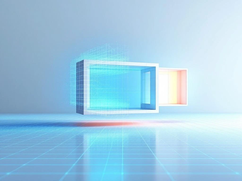 Wit modulair gebouw met blauwe laserlijnen en digitale puntenwolk, architectonische 3D-visualisatie met technologische precisie