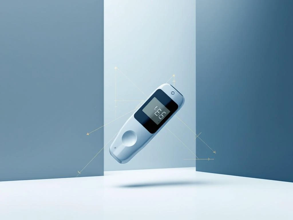 Digitale inclinometer zweeft schuin met gouden meetlijnen op blauwe gradiënt achtergrond